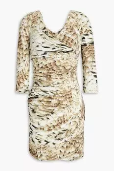Мини-платье из эластичного джерси со сборками и принтом ROBERTO CAVALLI, бежевый