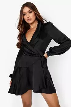 Мини-платье из атласа с запахом Boohoo, черный