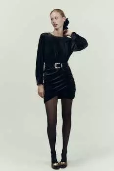 Мини-платье из бархата с драпировкой ZARA, черный