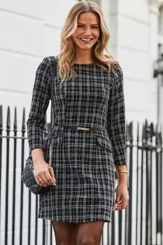 Мини платье из букле с поясом Sosandar, черный