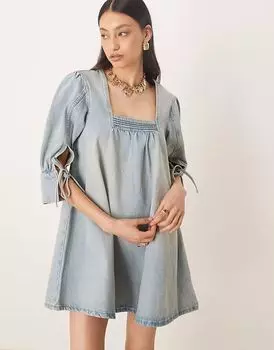 Мини-платье из денима ASOS DESIGN в стиле бохо с завязками на манжетах