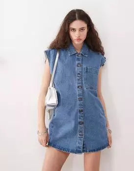 Мини-платье из денима Noisy May без рукавов в средне-голубом цвете