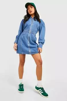 Мини-платье из денима с длинными рукавами на молнии Boohoo, синий