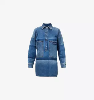Мини-Платье из денима с лазерным логотипом бренда Gucci, синий