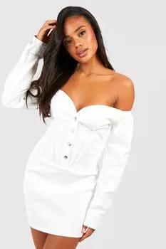 Мини-платье из денима с открытыми плечами и корсетными швами Boohoo, белый
