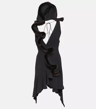 Мини-платье из джерси с отделкой из искусственного меха Coperni, черный