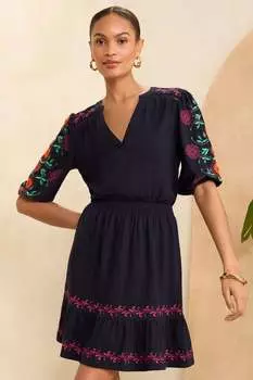 Мини-Платье из джерси с вышивкой и пышными рукавами Love & Roses, синий