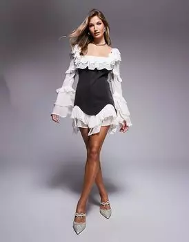 Мини-платье из джинсового корсета с шифоновыми рукавами и подолом черного цвета ASOS LUXE