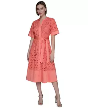 Мини-платье из хлопка с пуговицами спереди и ажурной отделкой KARL LAGERFELD PARIS, оранжевый