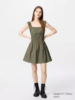 Мини-Платье из хлопка со сборками (без рукавов) Uniqlo, зеленый