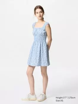 Мини-Платье из хлопка со сборками (без рукавов, с принтом) Uniqlo, синий