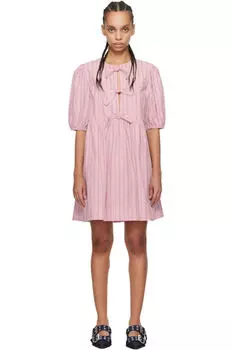 Мини-платье из хлопка в розовую полоску с бантом GANNI