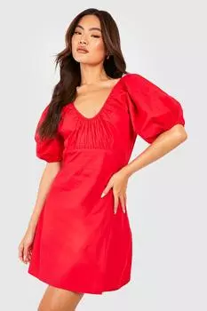 Мини-платье из хлопкового поплина с рукавами и совком Boohoo, красный