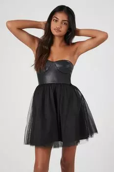 Мини-платье из искусственной кожи и тюля Forever 21, черный