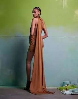 Мини-платье из искусственной замши с драпировкой и шлейфом цвета загара ASOS DESIGN