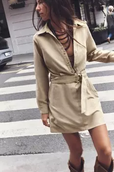 Мини-платье из искусственной замши ZARA, бежевый