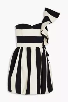 Мини-платье из крепа с добавлением шерсти и шелка на одно плечо в полоску VALENTINO GARAVANI, черный