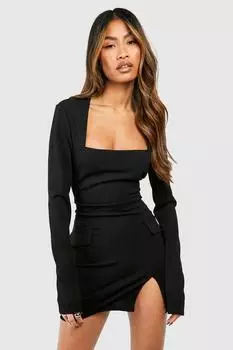 Мини-платье из крепа с квадратным вырезом и карманами boohoo, черный