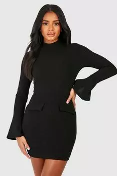 Мини-платье из крепа с высоким воротником и карманами boohoo, черный