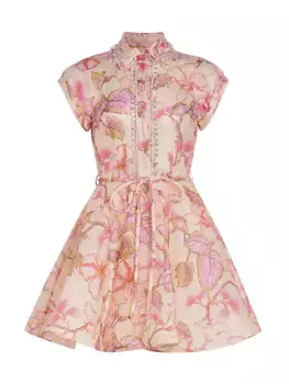 Мини-платье из льна и шелка Matchmaker, украшенное кристаллами Zimmermann, цвет coral hibiscus