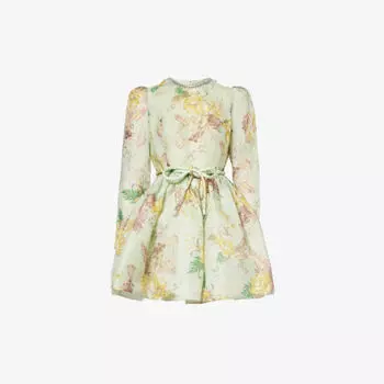 Мини-платье из льна и шелка с цветочным принтом Tulip Zimmermann, цвет mint tropical floral