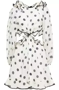 Мини-платье из льна и газа в горошек с вырезами ZIMMERMANN, белый