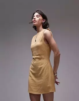 Мини-платье из льна Topshop с закрученными плечами цвета пахты