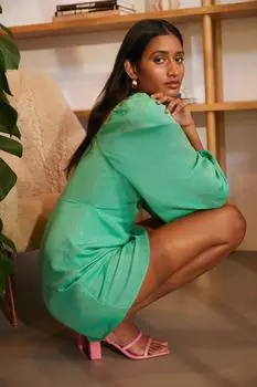 Мини-платье из льняной смеси с завязкой спереди Oasis, зеленый