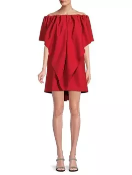 Мини-платье из натуральной шерсти с открытыми плечами и драпировкой Valentino Red
