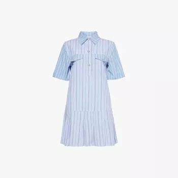 Мини-Платье из органического хлопкового поплина в полоску со стразами и цветами Ganni, синий