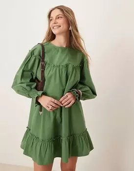 Мини-платье из поплина с круглым вырезом зеленого цвета ASOS DESIGN