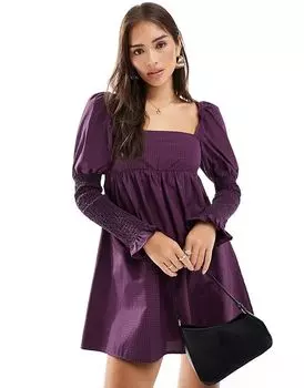 Мини-платье из поплина с присборенными рукавами в красную клетку ASOS DESIGN