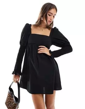 Мини-платье из поплина с присборенными рукавами черного цвета ASOS DESIGN