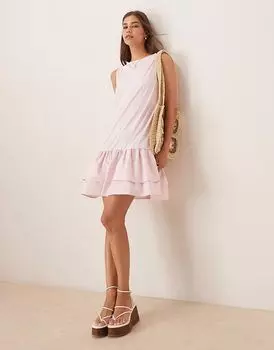 Мини-платье из поплиновой смеси ASOS DESIGN с заниженным подолом и вырезом-лодочкой нежно-розового цвета