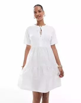 Мини-платье из потертого хлопка с короткими рукавами, многослойное, с вырезом-замочной скважиной, белого цвета Threadbare