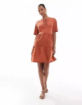 Мини-платье из потертого хлопка с короткими рукавами, многослойное, с вырезом-замочной скважиной, выжженного оранжевого цвета Threadbare