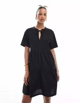 Мини-платье из потертого хлопка с короткими рукавами и вырезом-замочной скважиной черного цвета Threadbare