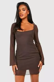 Мини-платье из сетчатой ткани с расклешенными рукавами boohoo, коричневый