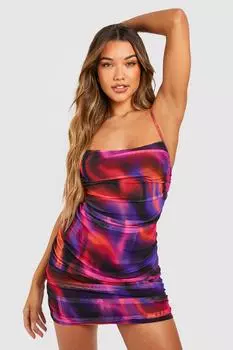 Мини-платье из сетки с абстрактным принтом Boohoo, фиолетовый