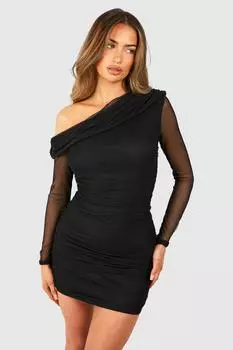 Мини-платье из сетки с длинными рукавами и рюшами на одно плечо boohoo, черный