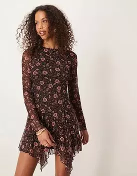 Мини-платье из сетки с длинными рукавами и черным мелким принтом New Look