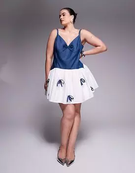 Мини-платье из шамбре ASOS LUXE Curve с бантом и контрастной юбкой из поплина синего цвета