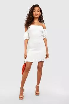 Мини-платье из шамбре с пригоранными плечами Boohoo, белый