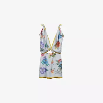 Мини-Платье из шелка с глубоким вырезом и цветочным принтом Prada, золотой