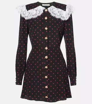 Мини-платье из шелка с кружевной отделкой в горошек Alessandra Rich, цвет black-red