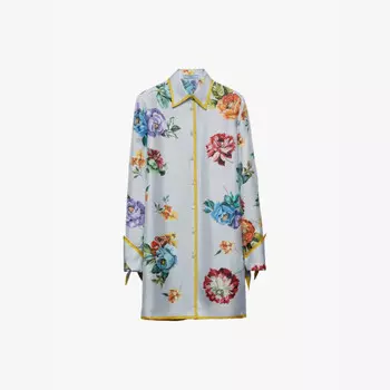 Мини-Платье из шелкового твила с длинными рукавами и цветочным принтом Prada, золотой