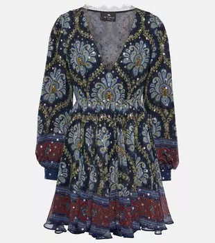 Мини-платье из шелкового жаккарда с объемными рукавами Etro, синий