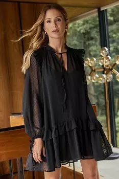 Мини платье из шифона «добби» с длинными рукавами и завязкой на шее Friends Like These, черный