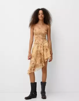 Мини-Платье из шифона с принтом и оборками Bershka, коричневый