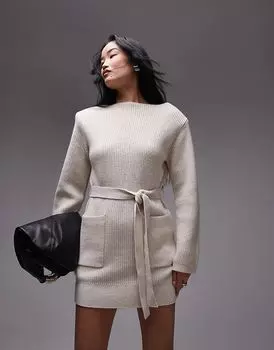 Мини-платье из смеси шерсти и хлопка в рубчик с завязкой на талии кремового цвета & Other Stories